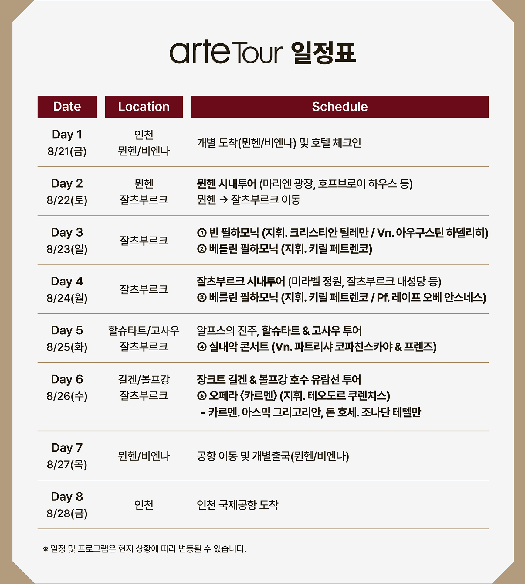 arte Tour 상세 일정표